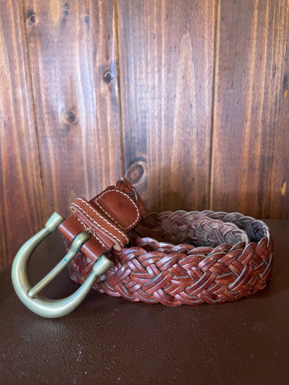 Vintage DKNY Women's Braided Leather Belt - Brown with Brass-Toned Buckle